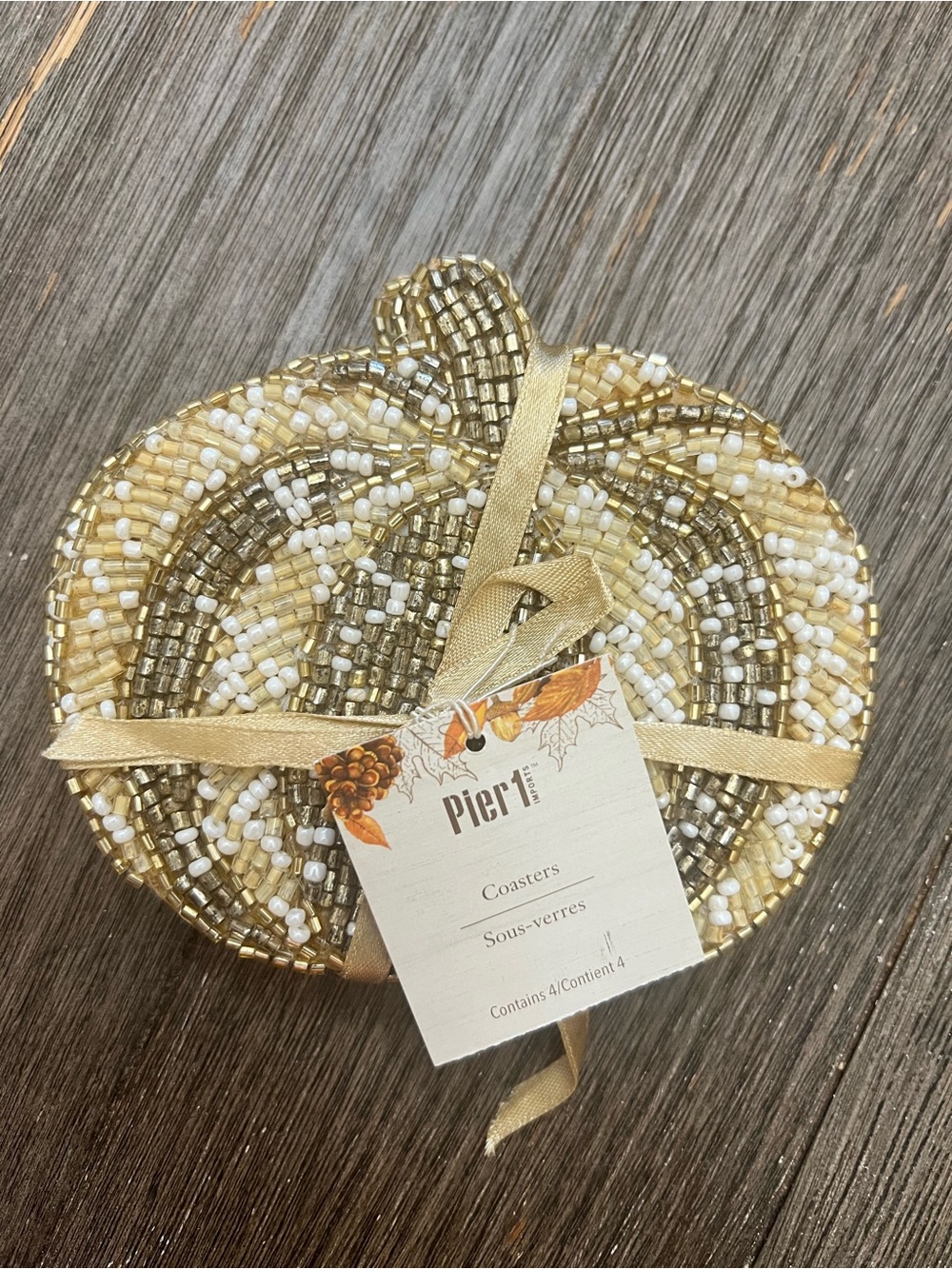 NTM: Pier 1 Beaded Pumpkin Coasters Set of 4 Gold White NWT